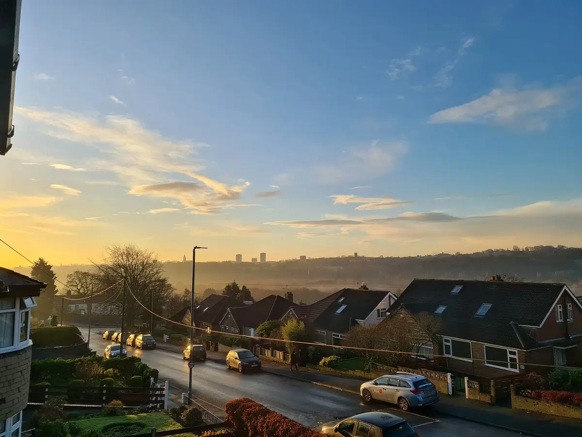 View from a street in Leeds in the early morning.
