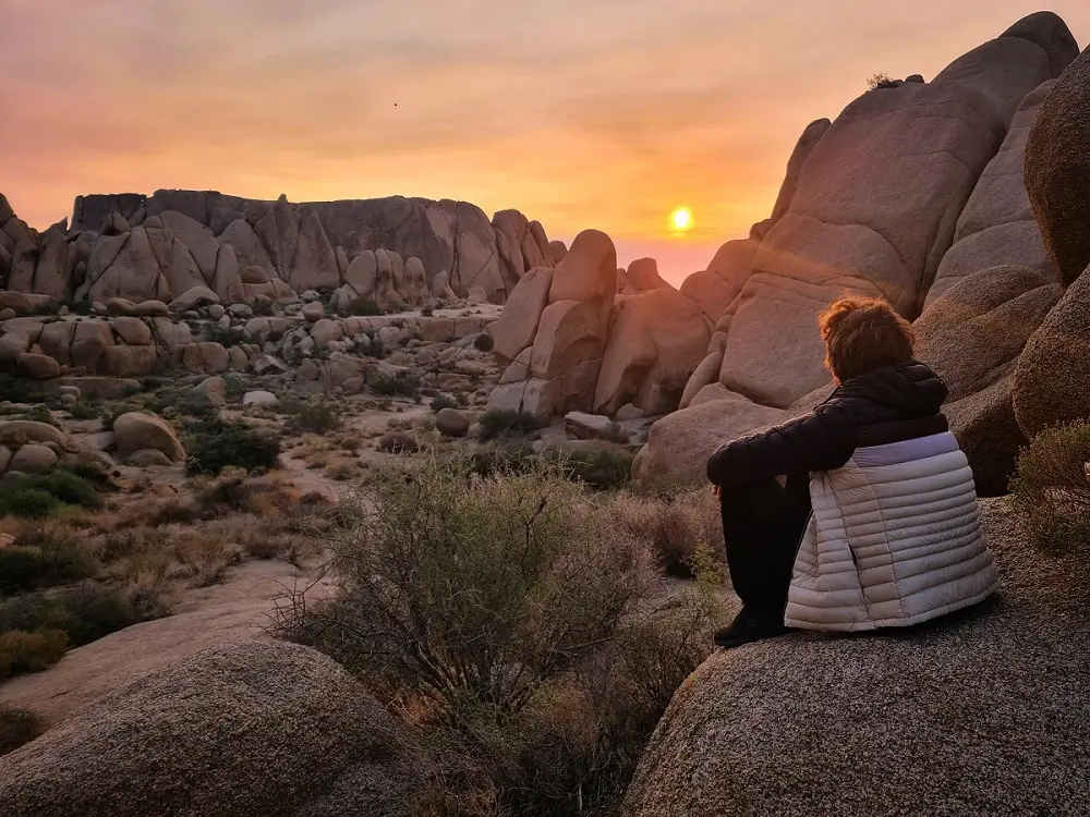 A person sat on a boulder at sunrise, wearing a coat, in Joshua Tree National Park.
