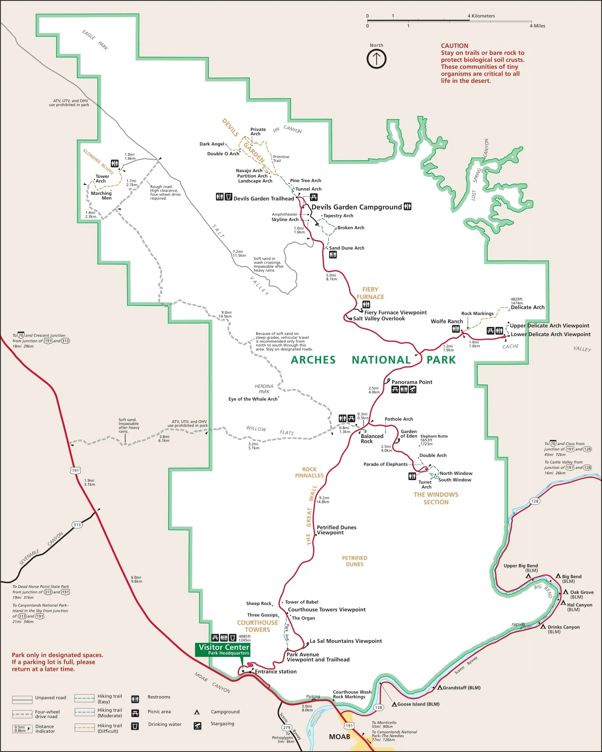 A map of Arches National Park in Utah, showing the road routes and sites inside the park.