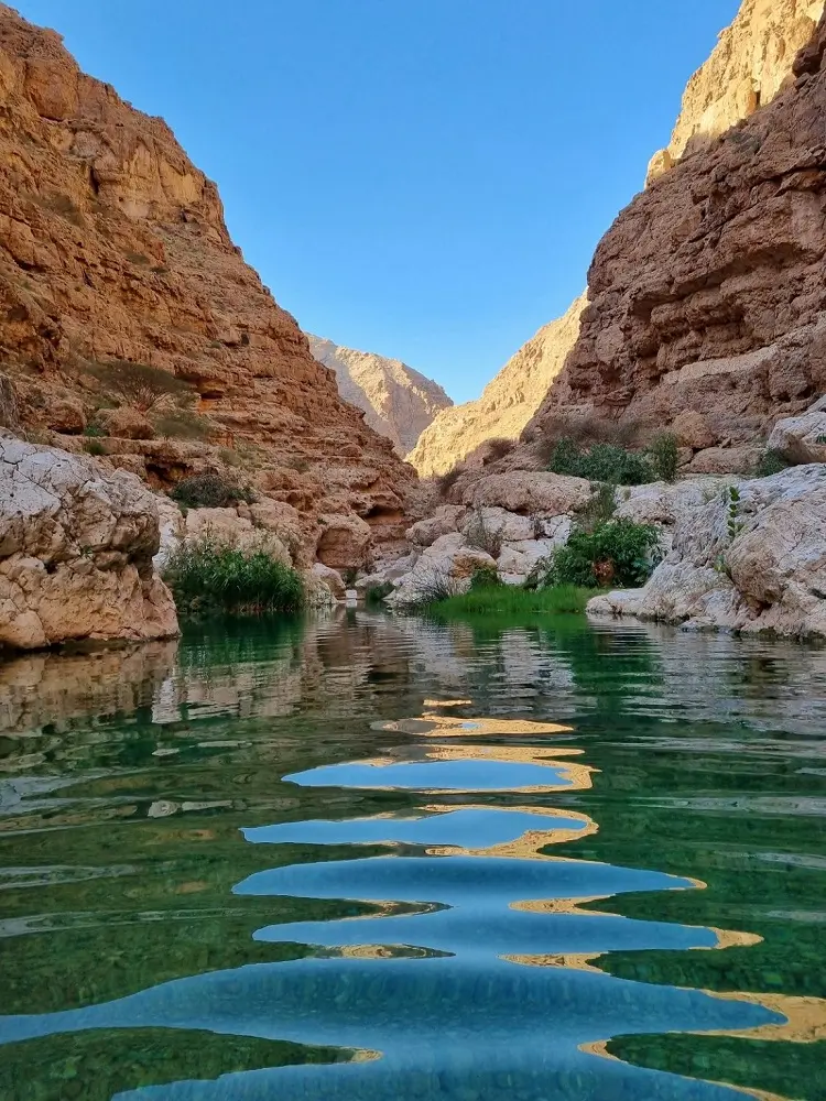 Waters rippling in the first pool at Wadi Shab, Oman
