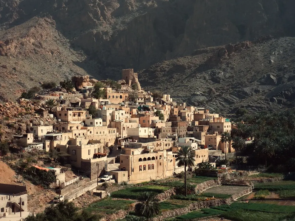 View of Bilad Sayt village and fields from a neighbouring hill in Wadi Bani Awf, Oman.