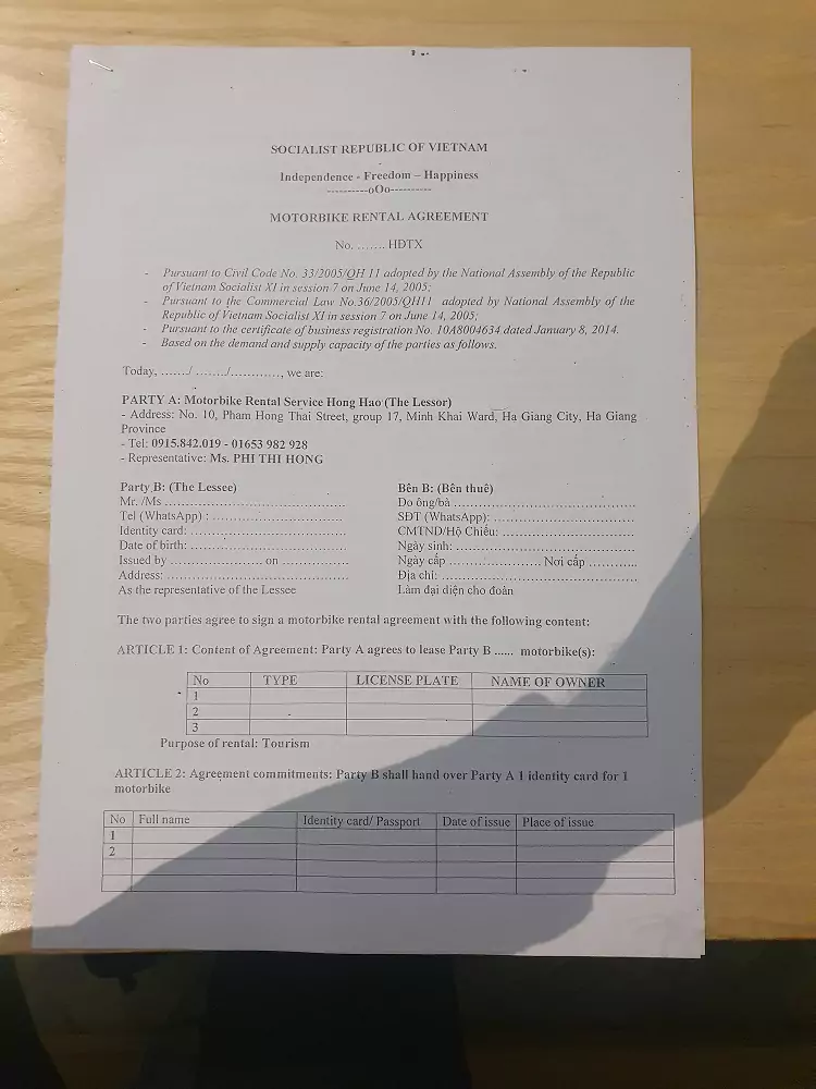 A rental agreement for a motorbike for the Ha Giang Loop, Vietnam