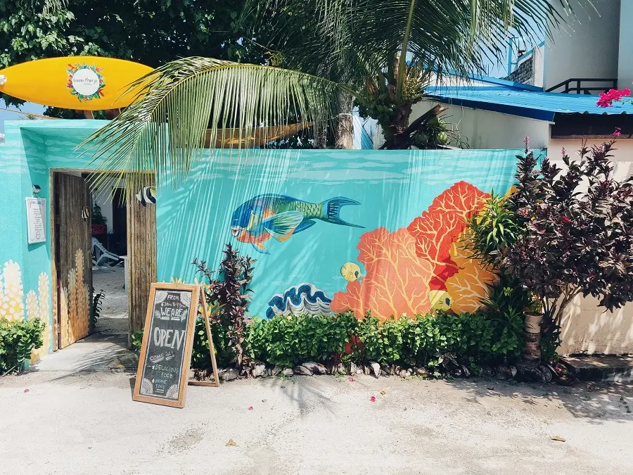An aquatic mural outside a restaurant on Thulusdhoo in the Maldives.