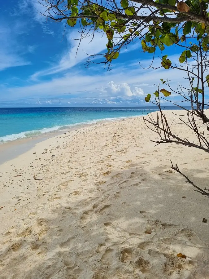 Footsteps in the golden sands of a beach on Ukulhas.