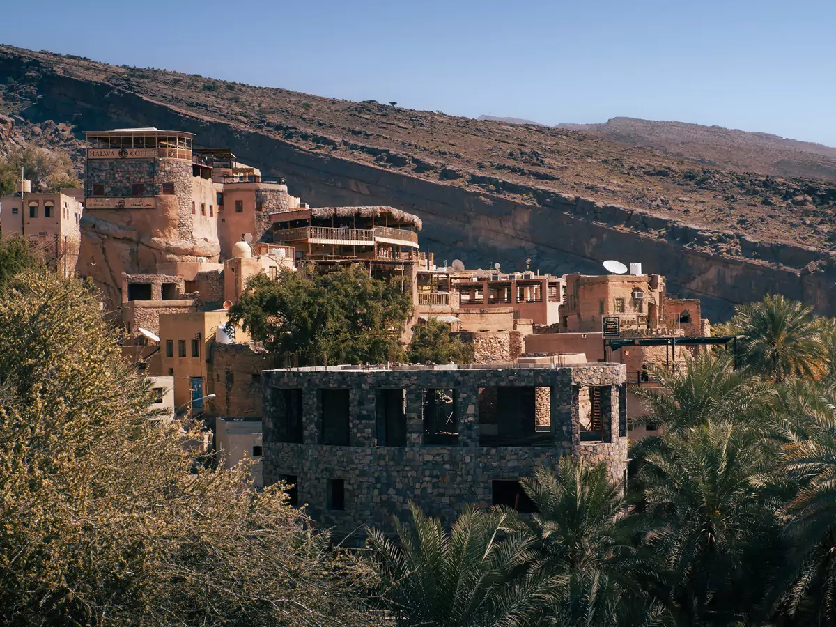 Buildings nestled amongst trees in the hillside at Misfat Al Abriyeen.