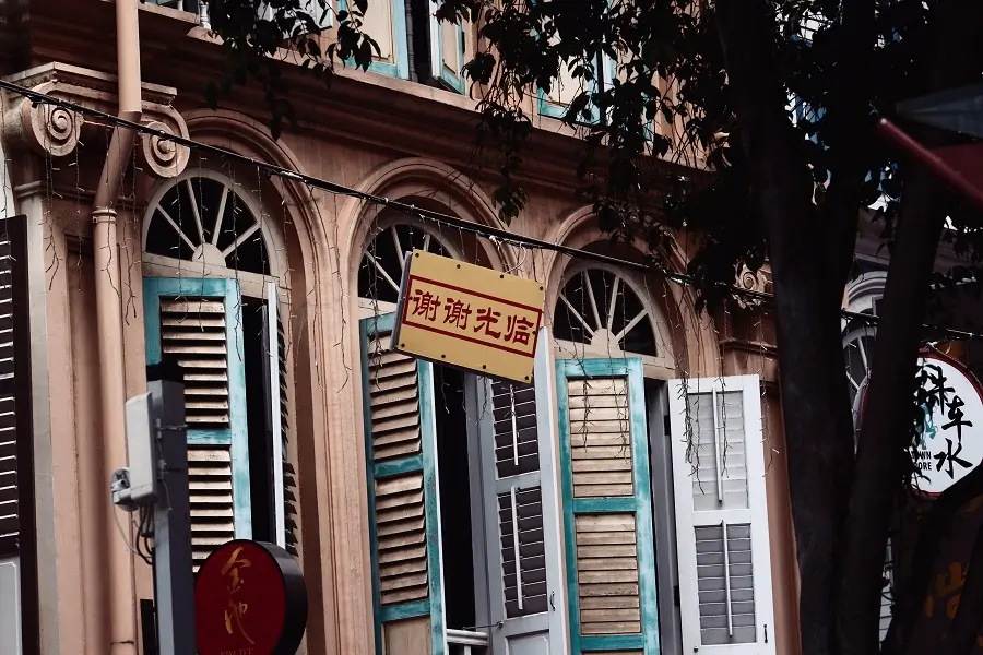 Colourful shutters on a shopfront in Singapore's Chinatown district.
