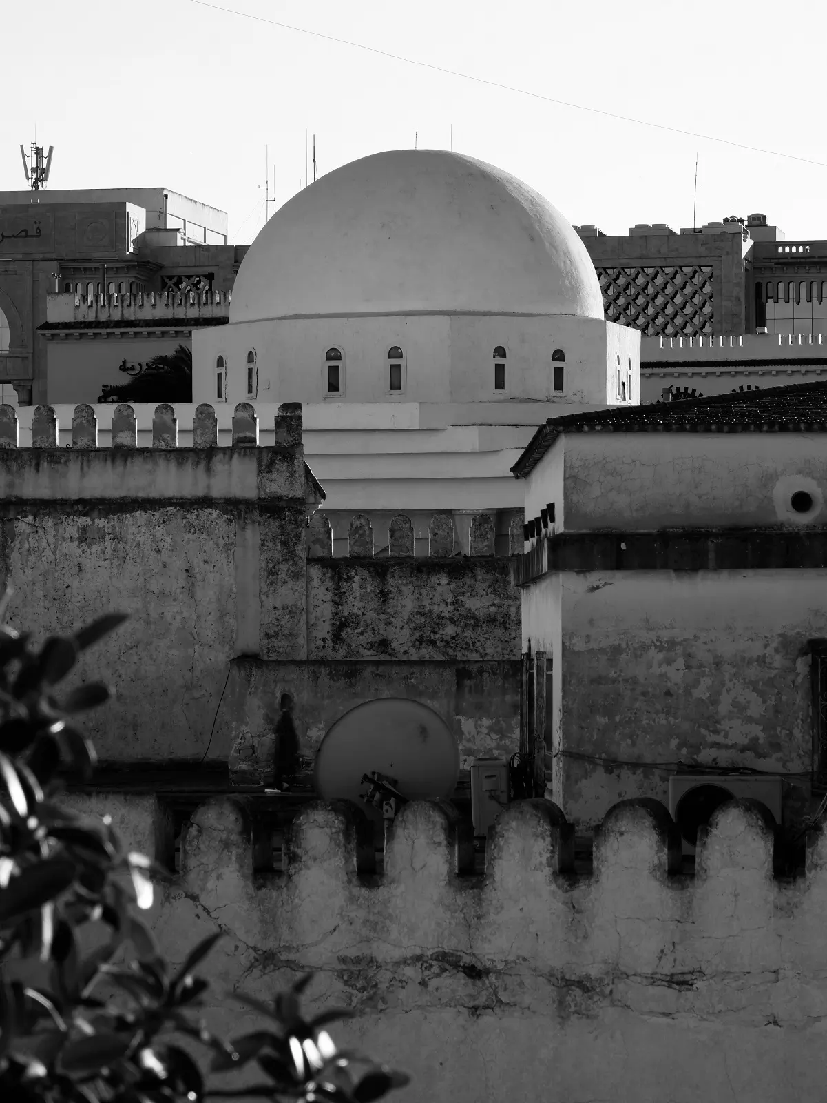 White dome of a Tunisian mosque among hotels and houses in the capitol of Tunis.