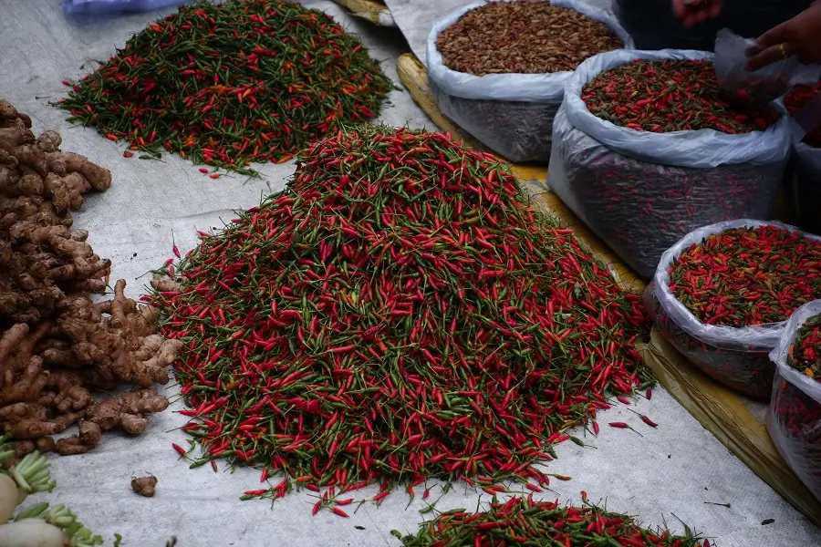 Chillis, herbs and spices at the morning market in Luang Prabang.