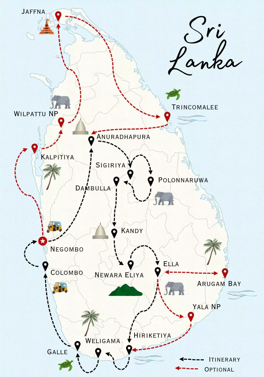 A map for a three weeks in Sri Lanka itinerary with routes and locations indicated on it.