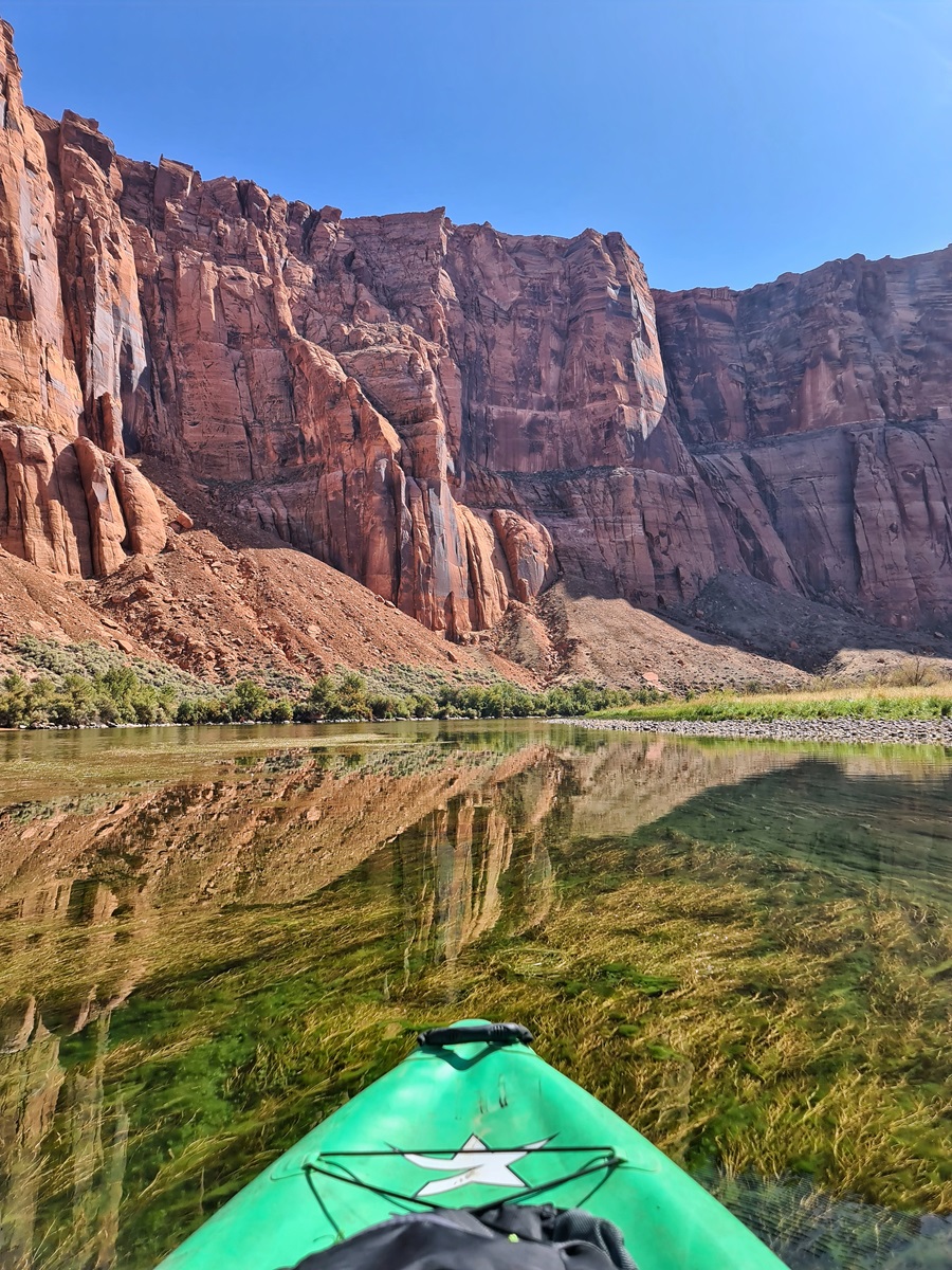 Reflections in the crystal clear waters with reeds underneath, around Horseshoe Bend in Page, Arizona.