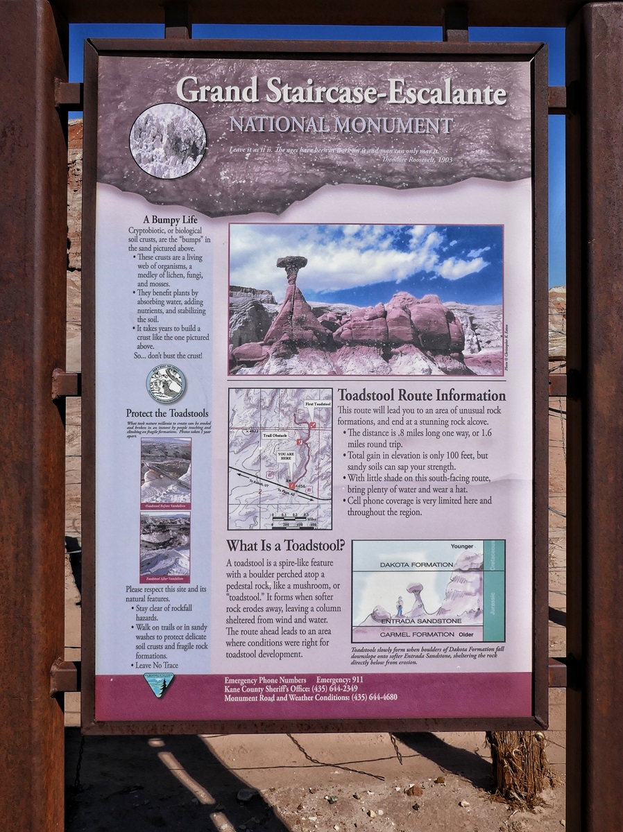 An information board at the trailhead of the Toadstool Hoodoos Hike.