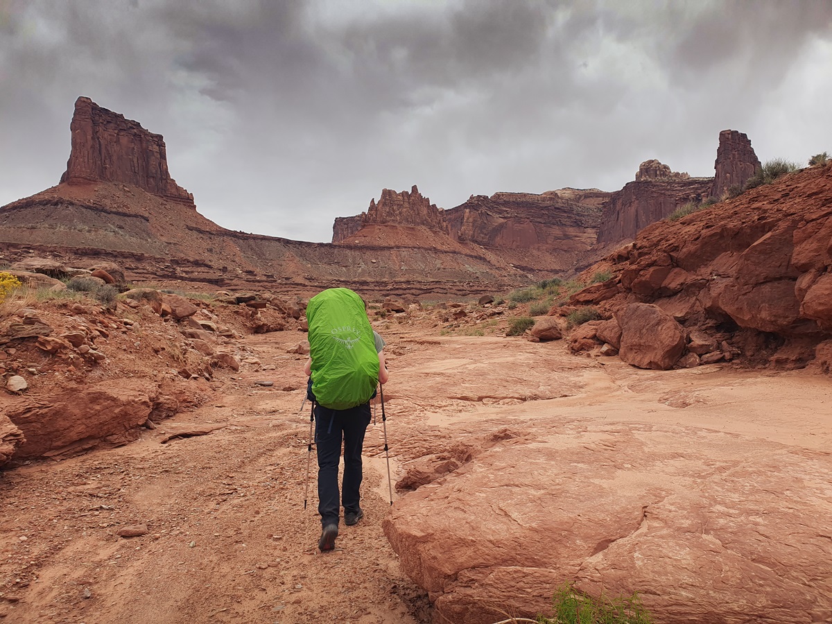 A hiker with a green rain cover on their backpack, trekking through a wash on the Lathrop Trail in Canyonlands National Park.