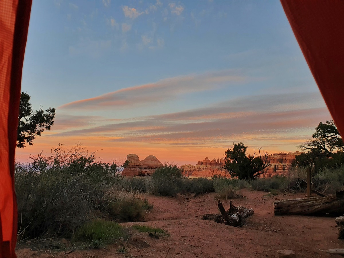 Sunrise from inside a tent at Needles District, Canyonlands National Park.