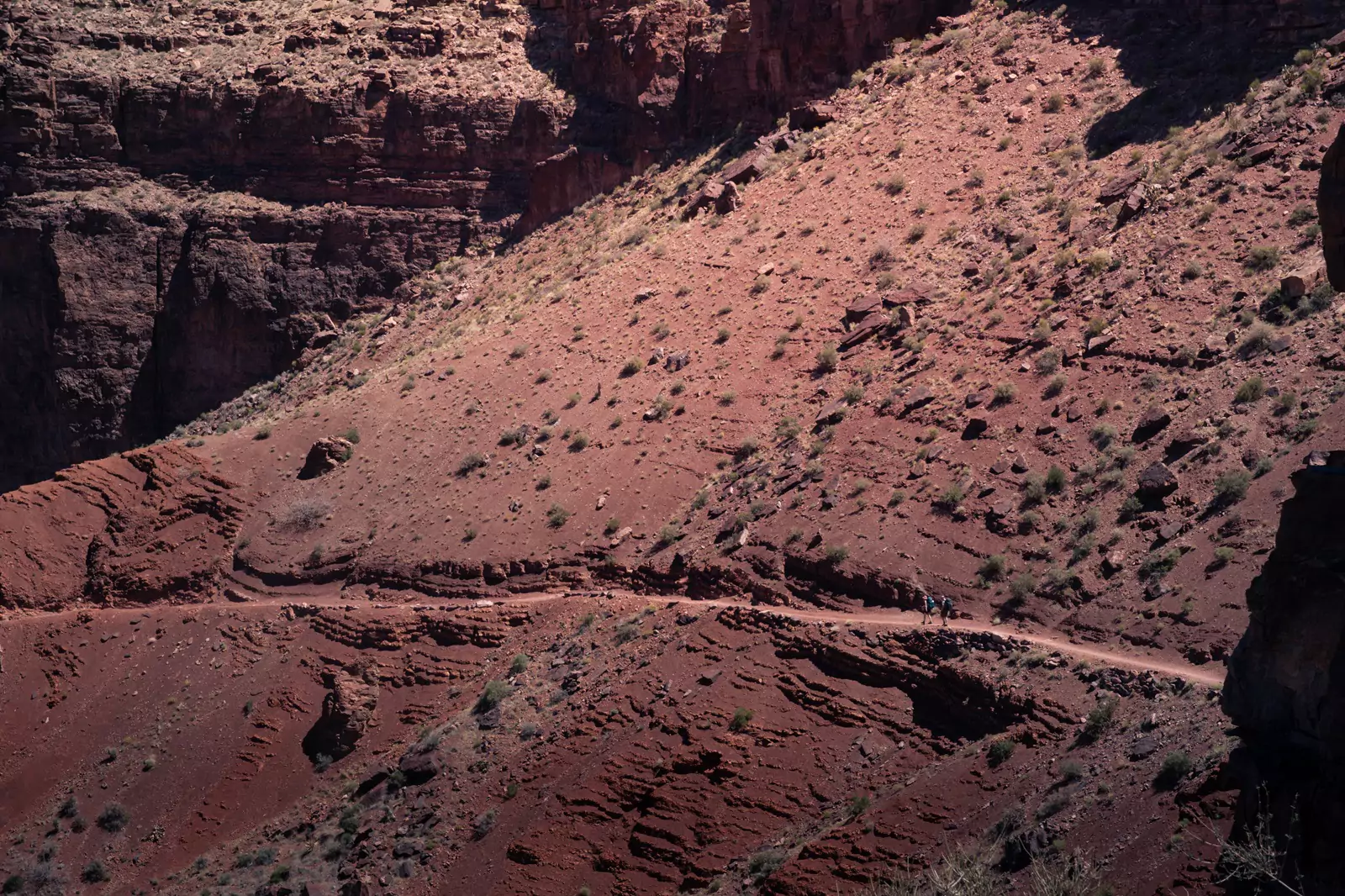 Two hikers walking along a red rocky sloping trail at the Grand Canyon South Rim, surrounded by sparse vegetation.