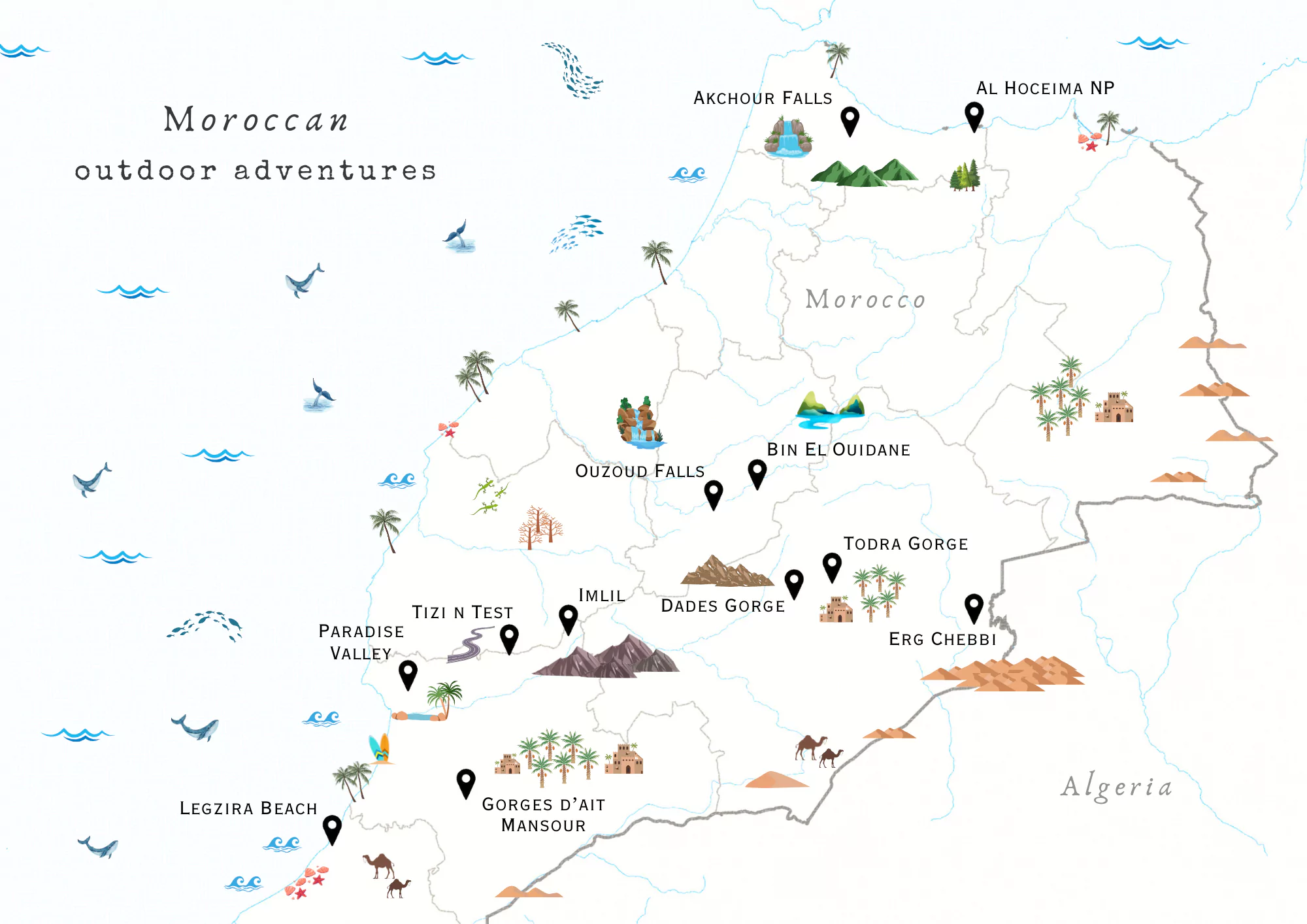 Artistic map of all the Moroccan outdoor adventure locations in this post.