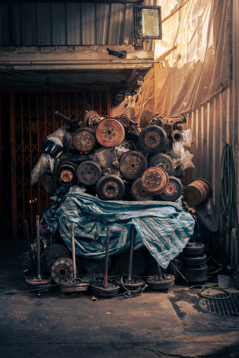 A collection of various spare car parts in Bangkok's neighbourhood of Talat Noi.