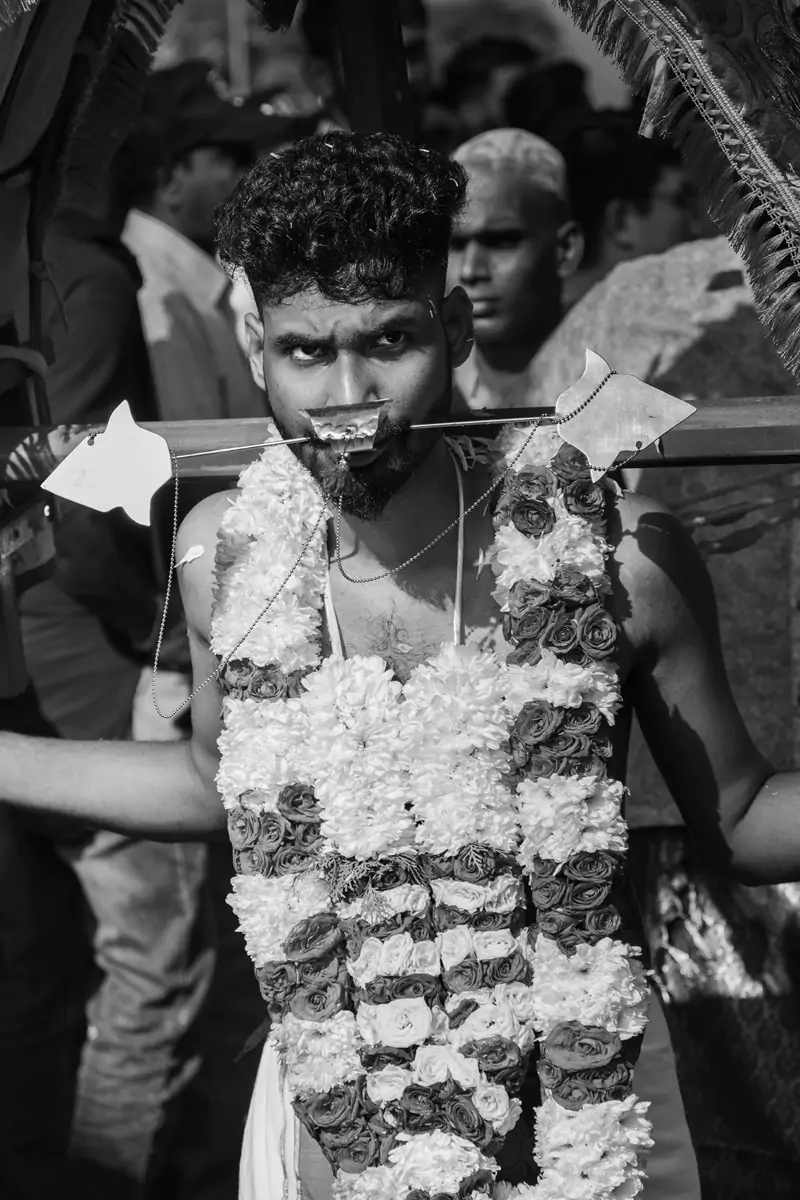 A devotee at Thapisusam wearing a flower garland around their neck and a Vel spear skewer through their face.