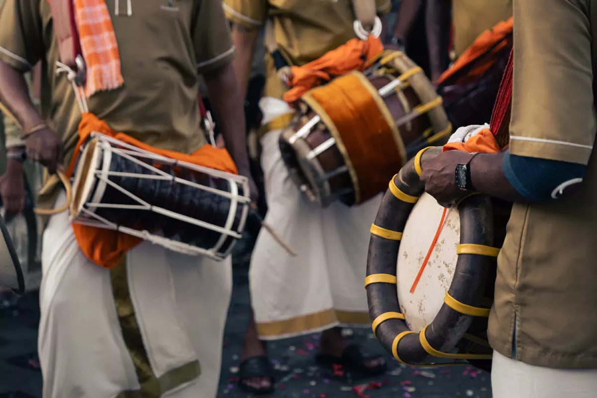 Multiple types of drums used during the Thaipusam festival at Kuala Lumpur's batu Caves.
