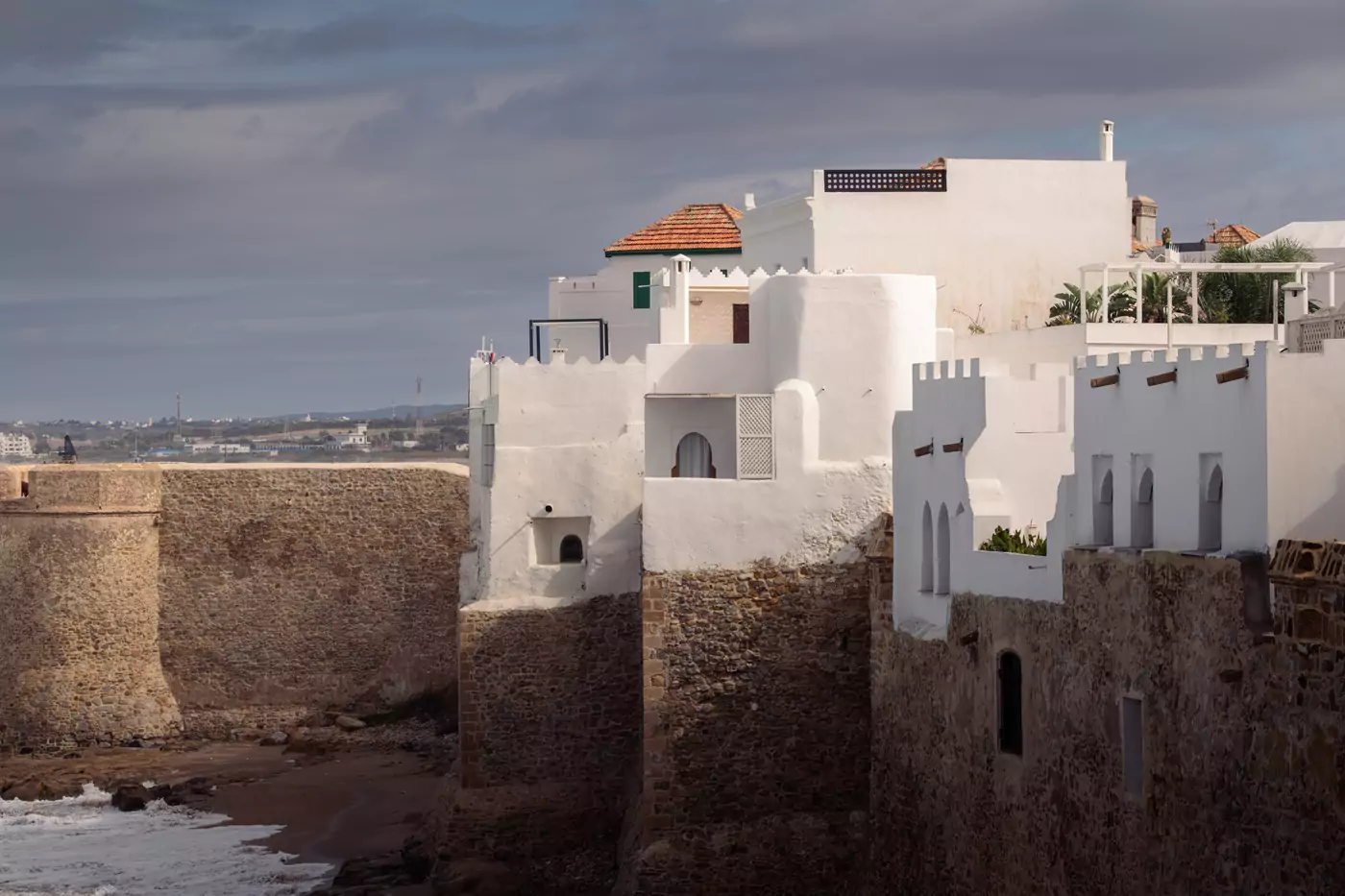 White walls of Krikea, part of the bastions of the coastal town of Asilah in Morocco.