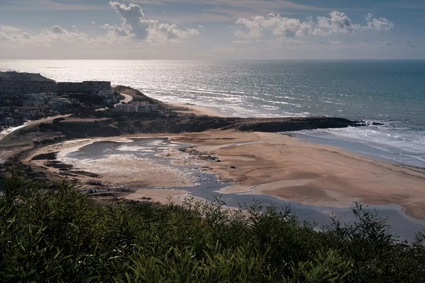 A sandy beach by the coastline of Tangier in Morocco.