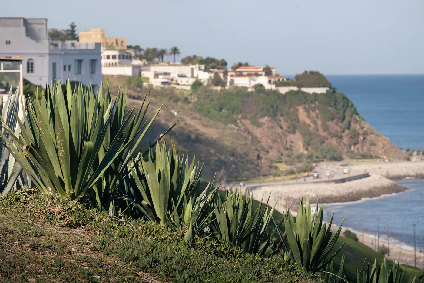 Views of the ocean around the coastline of Tangier in Morocco.