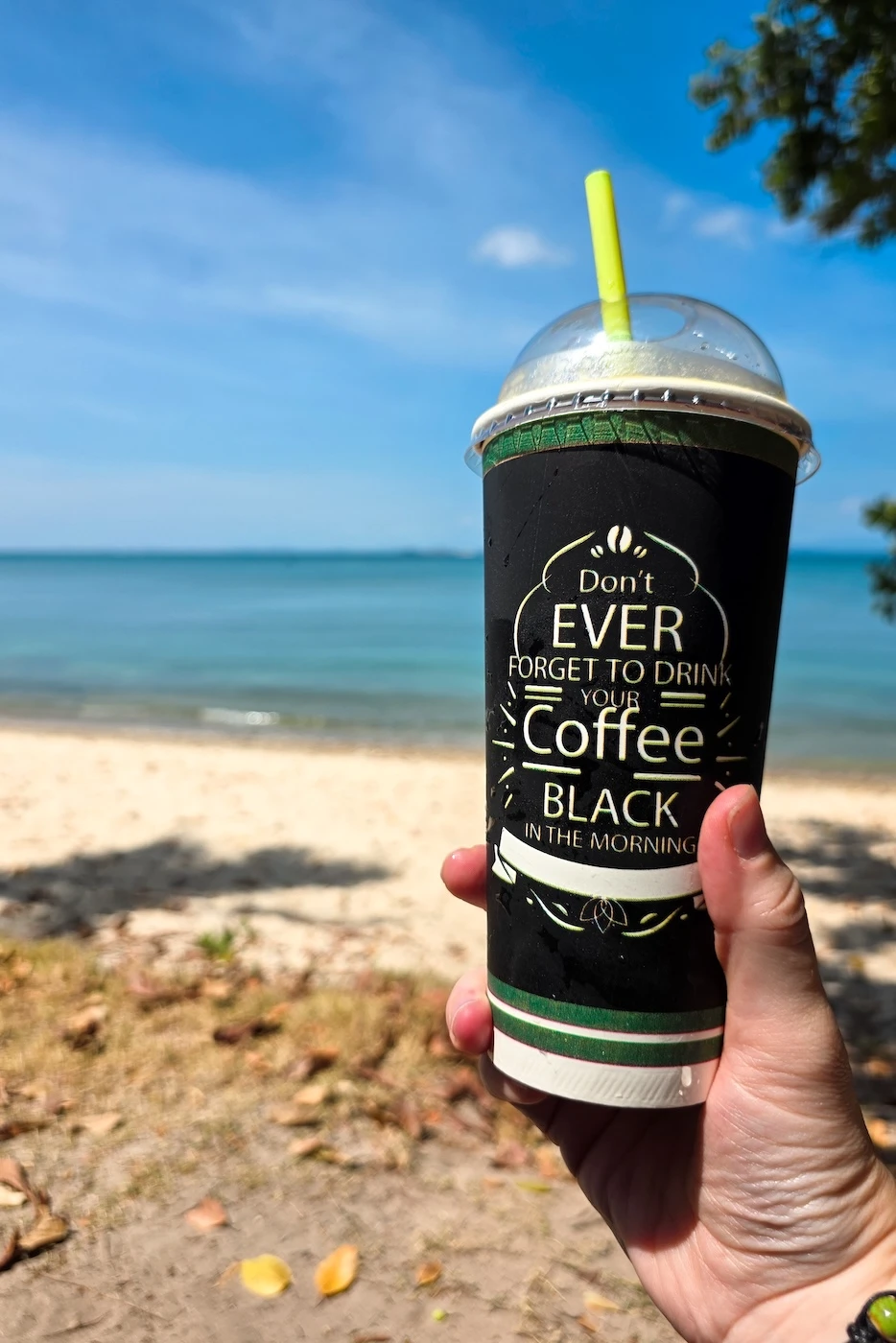 A person holding a smoothie in a green recyclable cup with a slogan saying 'don't ever forget to drink your coffee black in the morning'.