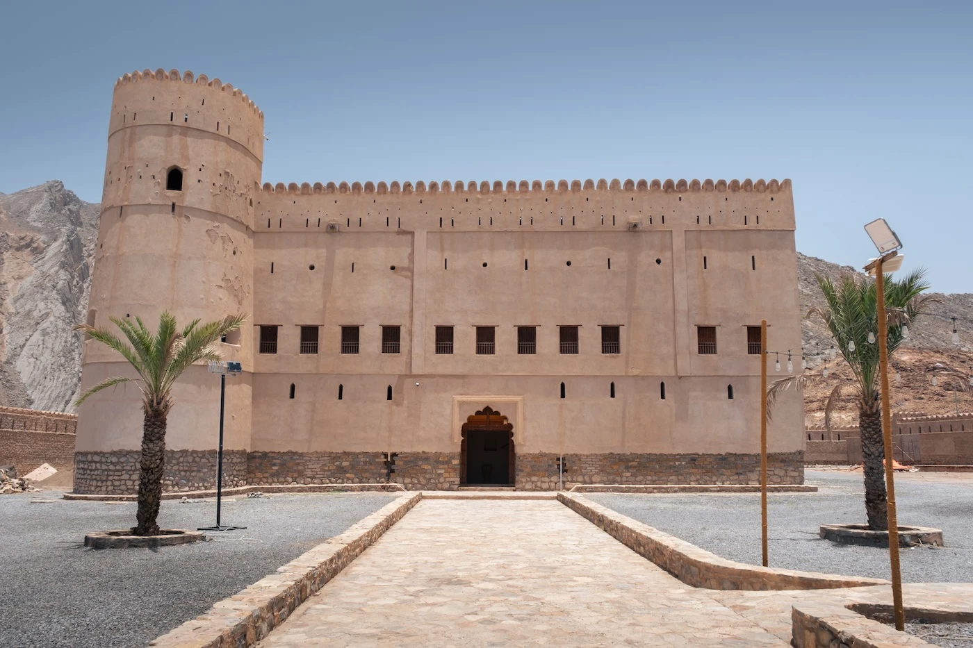 Manicured grounds of a renovated fort at Bait Ar Ridaydah near Jebel Akhdar, Oman.