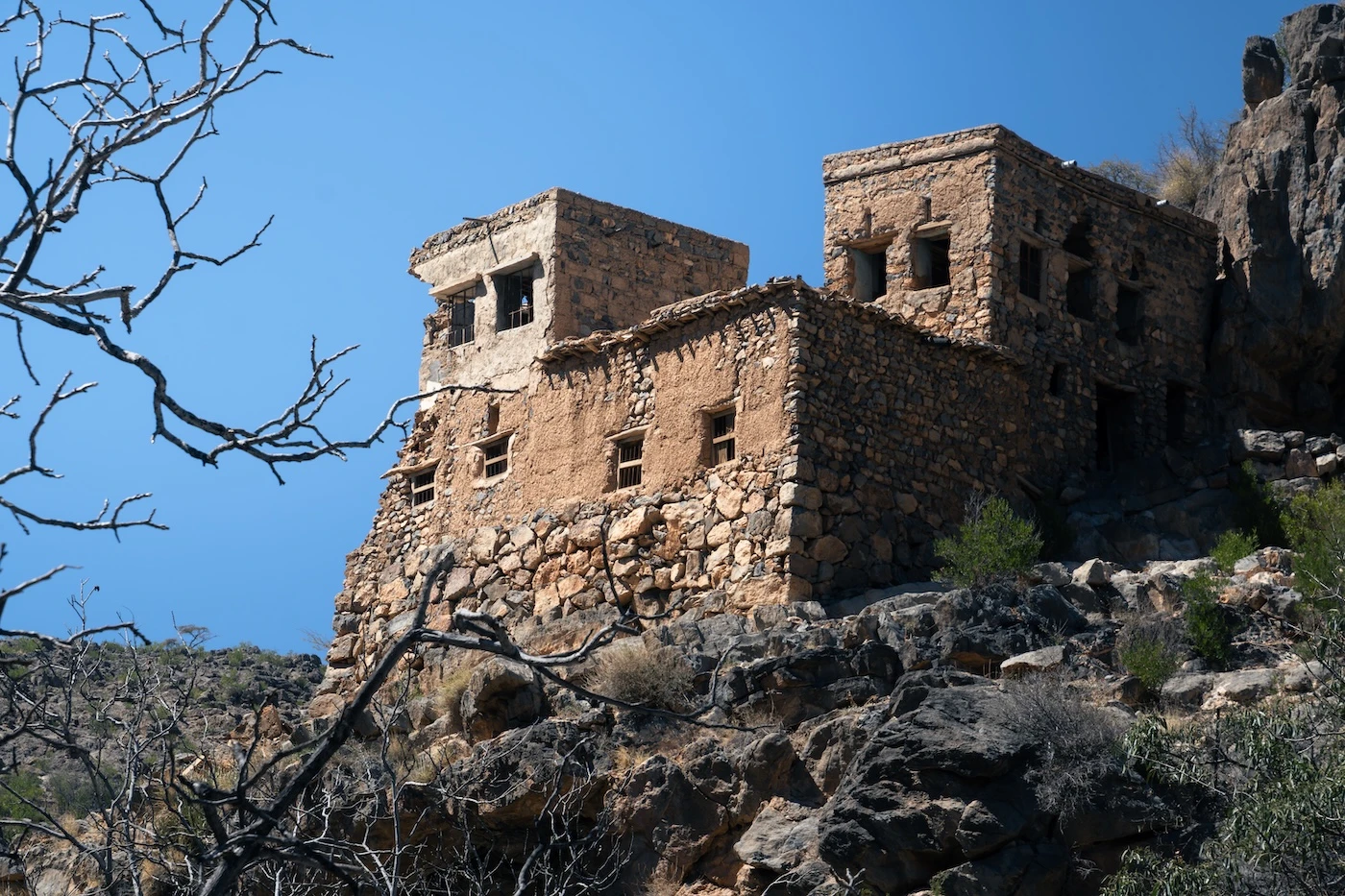 Ruined houses on the mountainside of Jebel Akhdar at Wadi Habib.