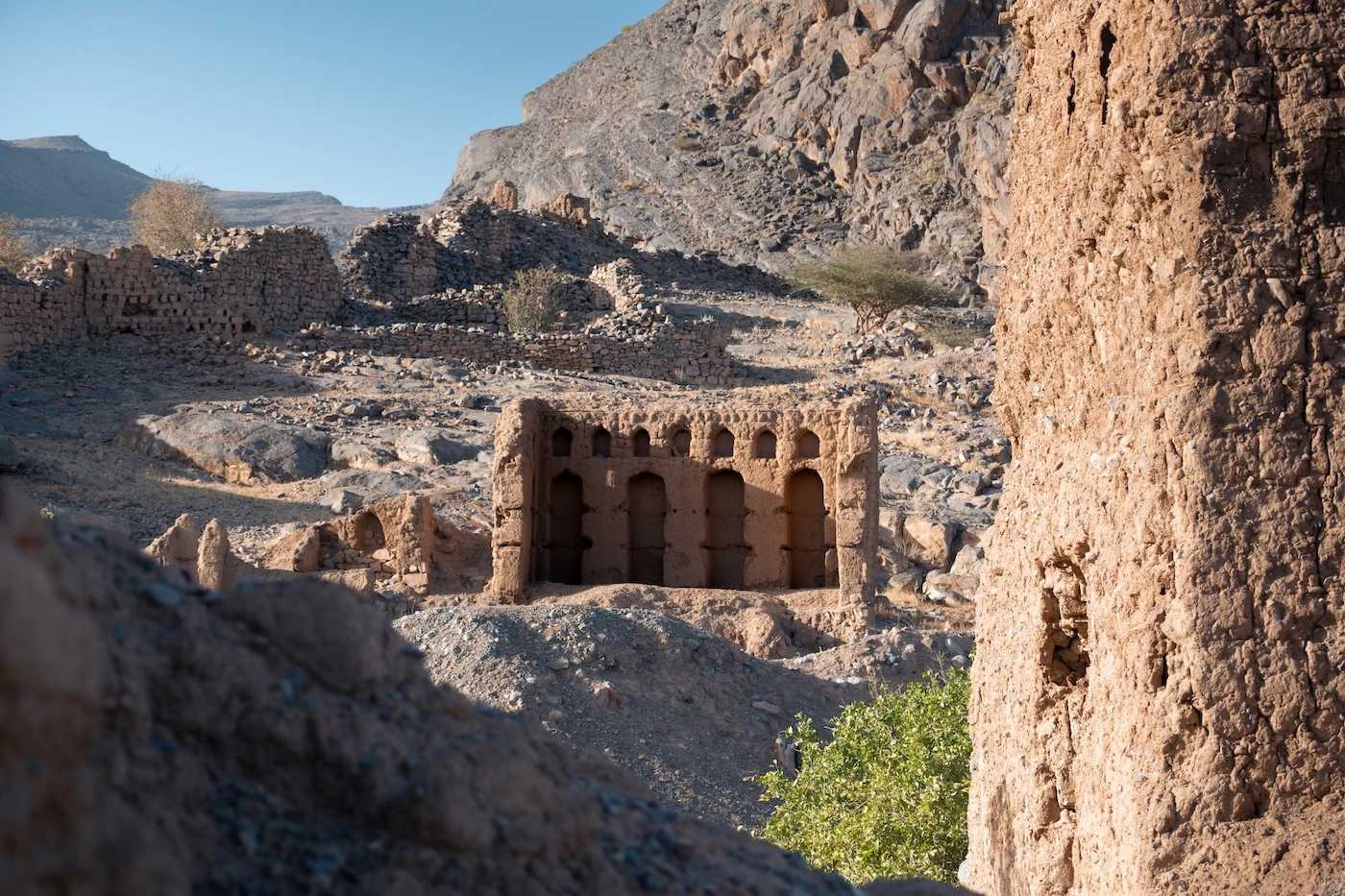 Mud brick ruins at the abandoned village of Tanuf near Nizwa, Oman.