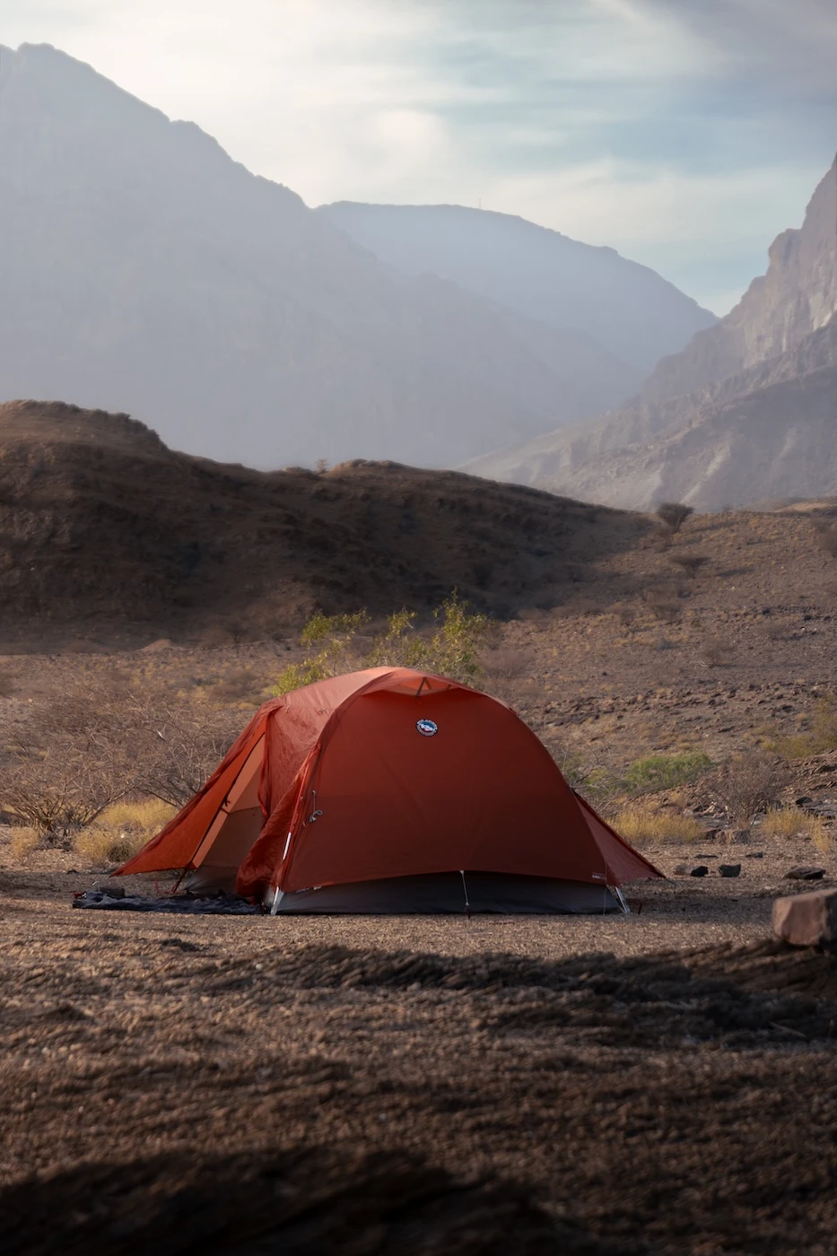 A wild campsite in the Hajar Mountains near Wadi As Sahtan, Oman.